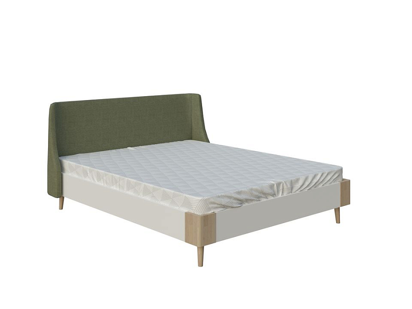Кровать Lagom Side Chips 180x190 ЛДСП+ткань Лама Авокадо/ЛДСП Белый Жемчуг/Масло-воск Natura (Бук) - Оригинальная кровать без встроенного основания из ЛДСП с мягкими элементами.