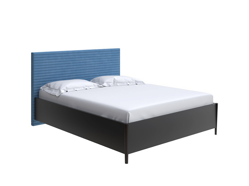 Кровать Rona 160x190 ЛДСП Черная+ткань Черный/Тетра Голубой - Классическая кровать с геометрической стежкой изголовья