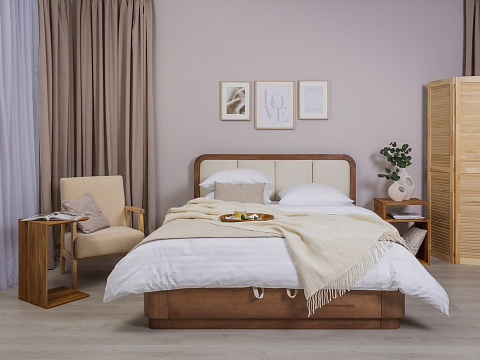 Кровать из дерева Hemwood с подъемным механизмом - Кровать из натурального массива сосны с мягким изголовьем и бельевым ящиком