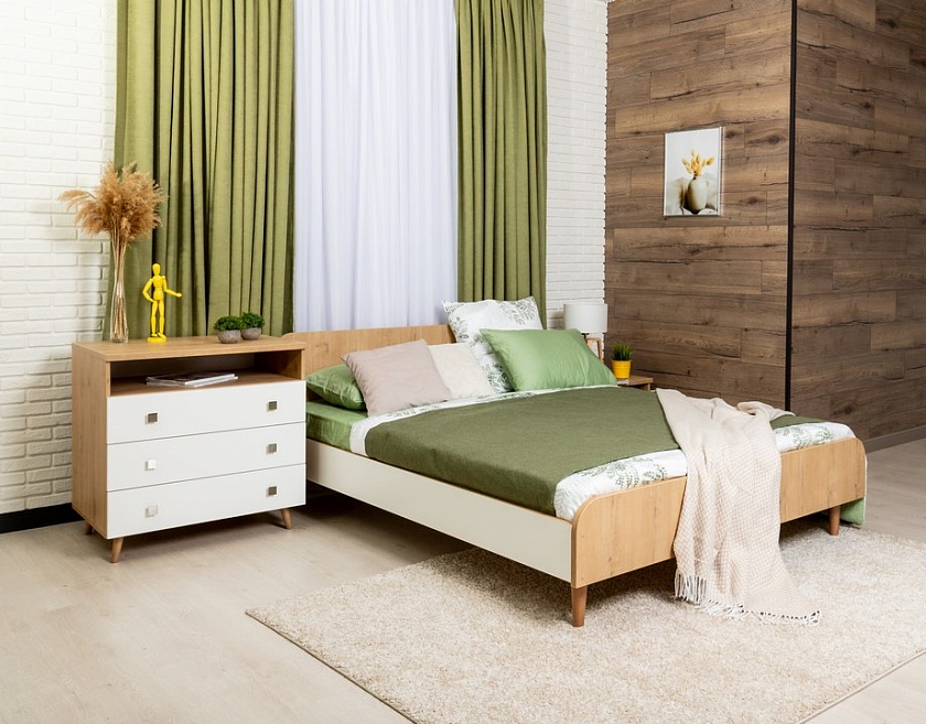 Кровать Way 90x200 ЛДСП Дуб Кантербери/Белый Жемчуг - Компактная корпусная кровать на деревянных опорах