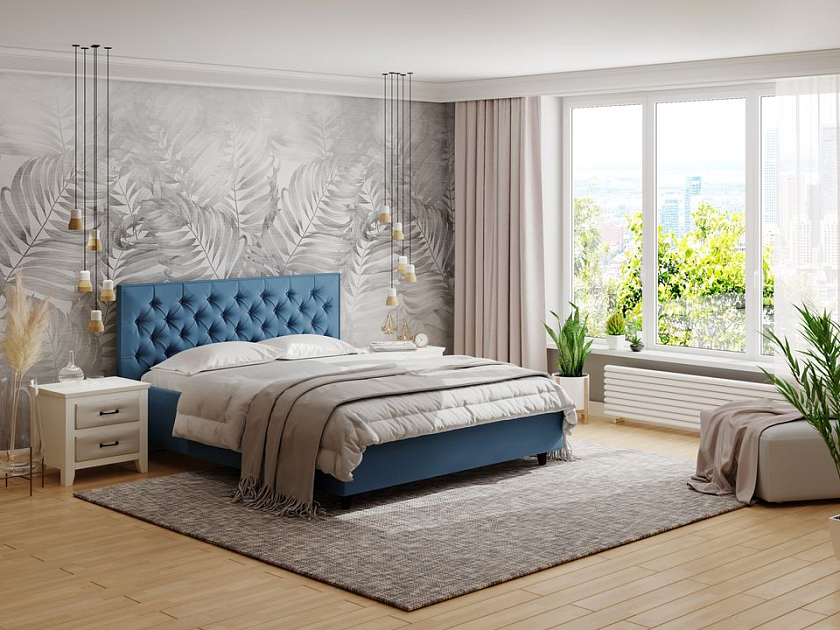 Кровать Teona 90x190 Ткань: Рогожка Тетра Голубой - Кровать с высоким изголовьем, украшенным благородной каретной пиковкой.